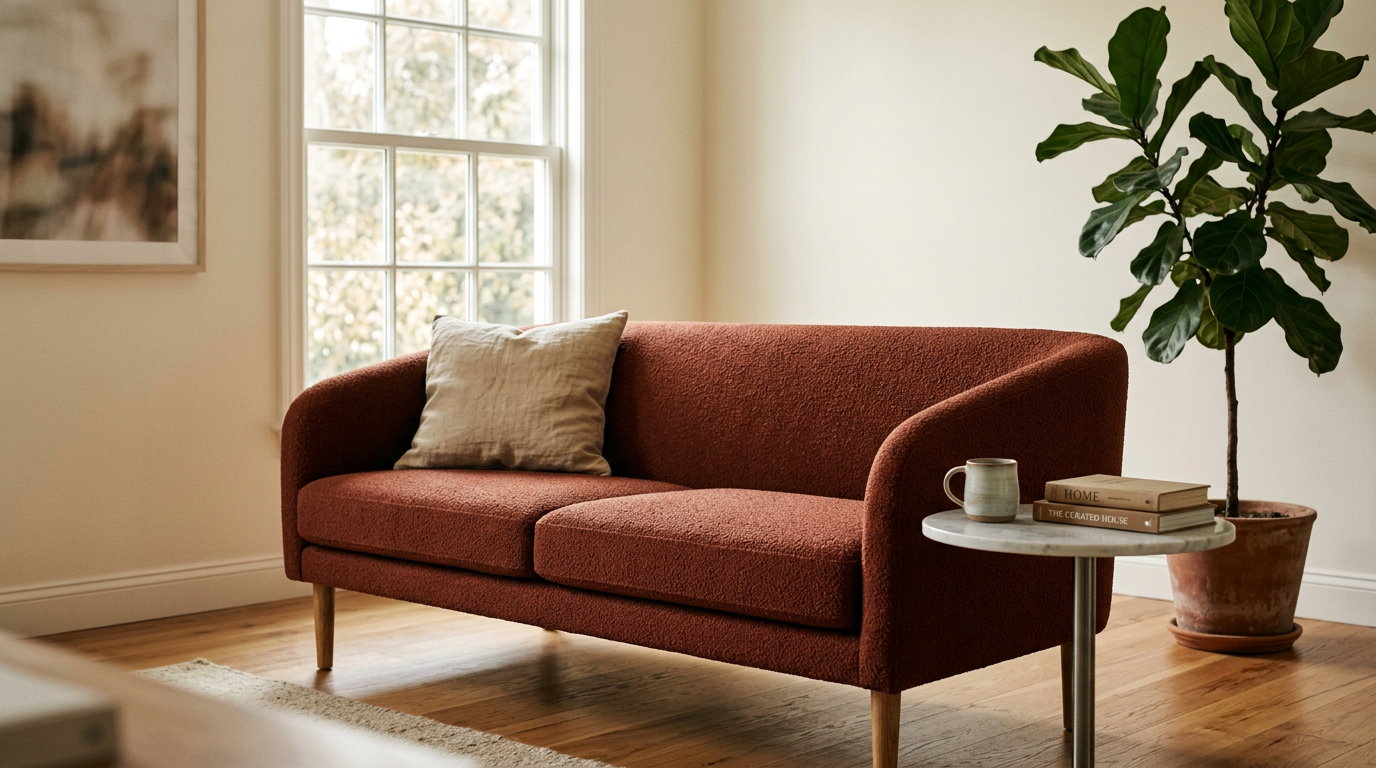 AI-generated brand stock footage — terracotta sofa styled in a living room