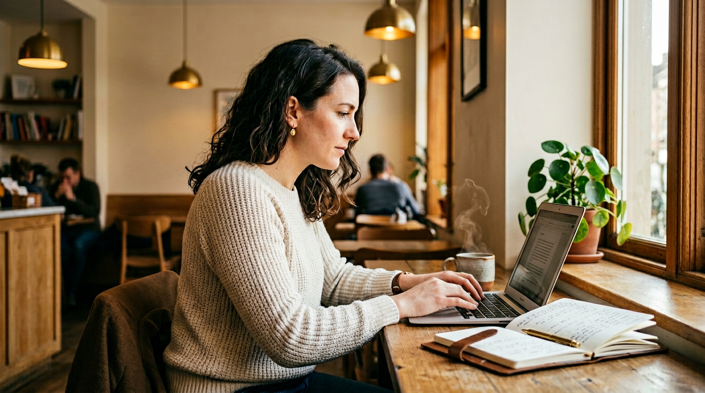 AI-generated brand stock footage — person working on a laptop in a cafe