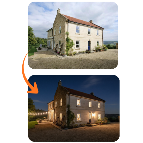 Before and after — property exterior day to night transformation