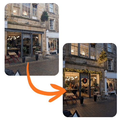 Before and after — storefront transformed into inviting business entrance