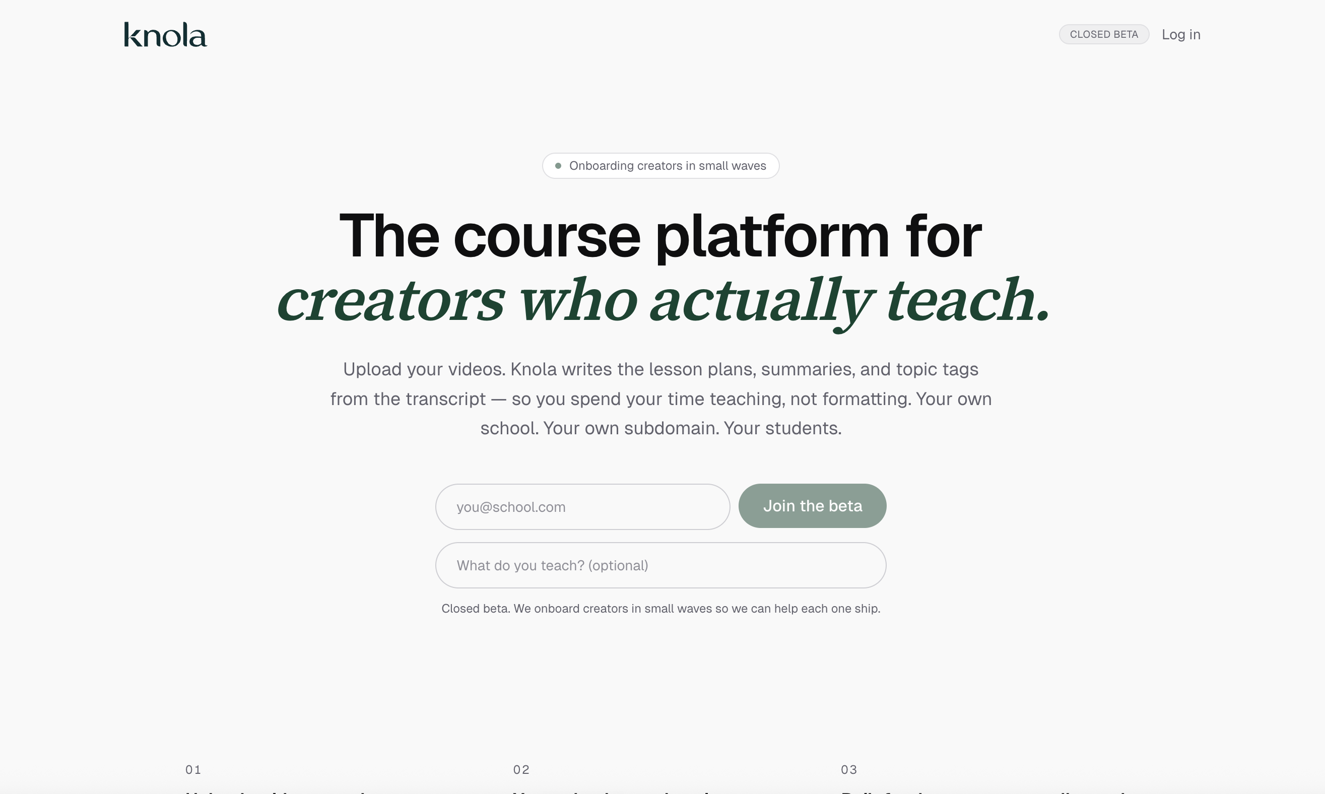 Knola homepage — The course platform for creators who actually teach.