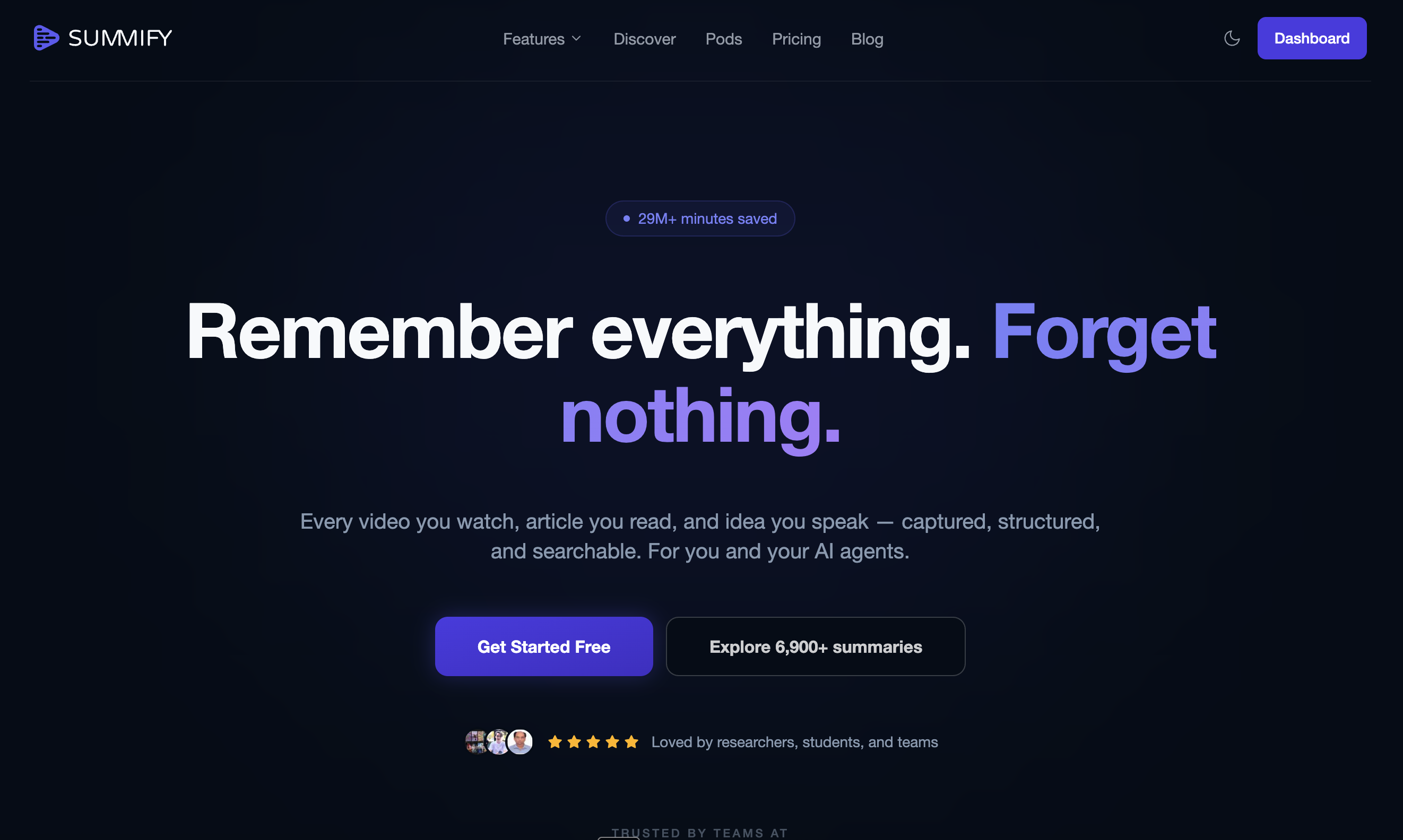 Summify homepage — Remember everything. Forget nothing.