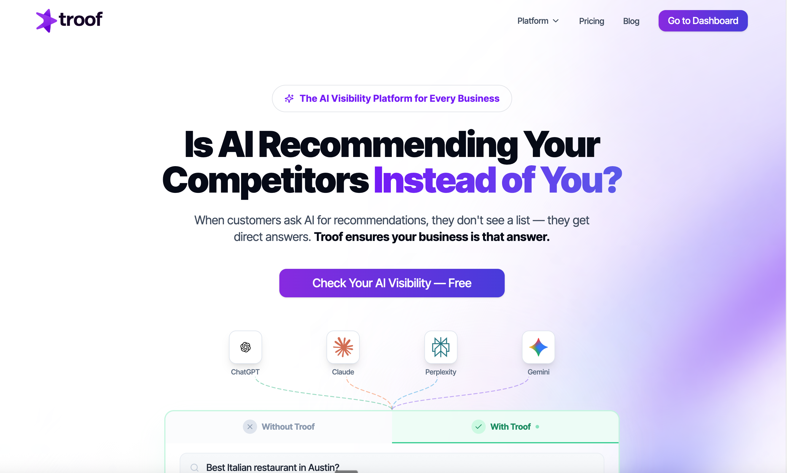 Troof homepage — Is AI recommending your competitors instead of you?