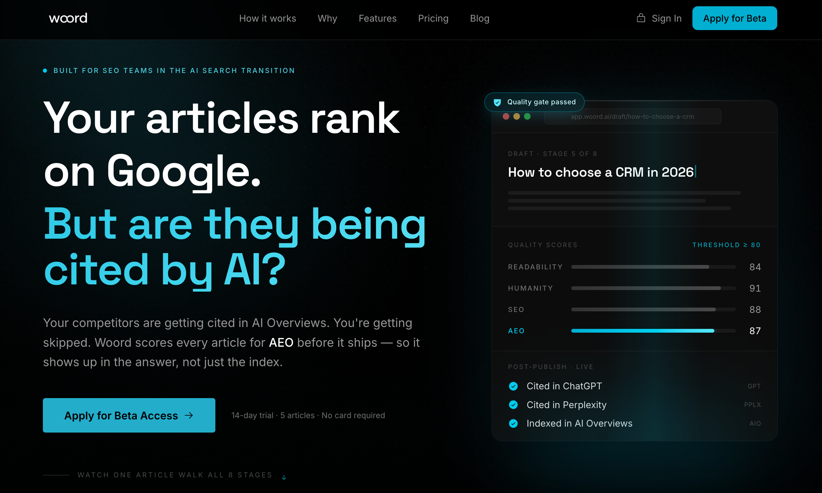 Woord homepage — Your articles rank on Google. But are they being cited by AI?